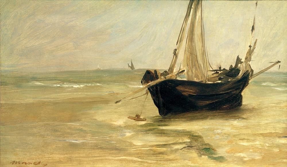 Edouard Manet, Schwarzes Boot bei Berck (Boot,Schiffstypen,Segelschiff,Fischerboot,Meer,Segelboot,Französische Kunst,Schifffahrt)