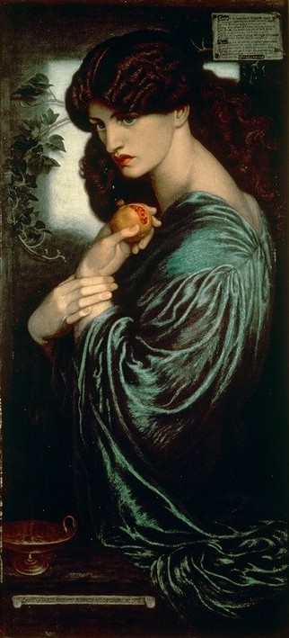 Dante Gabriel Rossetti, Proserpina (Frau,Liebe,Mythologie,Schönheit,Präraffaeliten,Granatapfel,Englische Kunst,Fruchtbarkeit,Mystik,Göttin,Rote Haare,Mund,Viktorianische Kunst,Langes Haar,Kern,Griechisch-Römische Mythologie,Symbolik,Sinnlichkeit)