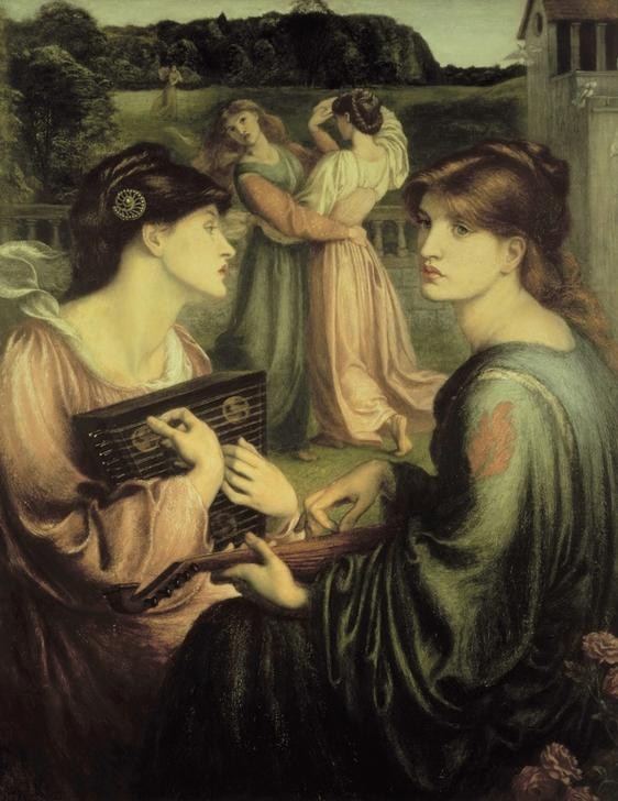 Dante Gabriel Rossetti, The Bower Meadow (Frau,Konzert,Landschaft,Laute,Musik,Saiteninstrument,Tanz,Terrasse,Schönheit,Instrument,Allegorie,Melancholie,Präraffaeliten,Englische Kunst,Mystik,Im Freien (Allgemein),Rote Haare,Viktorianische Kunst,Musikerin,Jungfräulichkeit,Frisur)