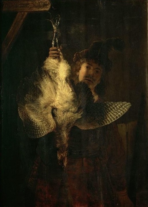Rembrandt Harmenszoon van Rijn, Der Rohrdommeljäger (Jäger,Jagd,Künstler,Mann,Vogel,Zoologie,Barock,Selbstbildnis,Portrait,Feder,Helldunkel,Niederländische Kunst,Rohrdommel,Tier,Vogeljagd,Kadaver)