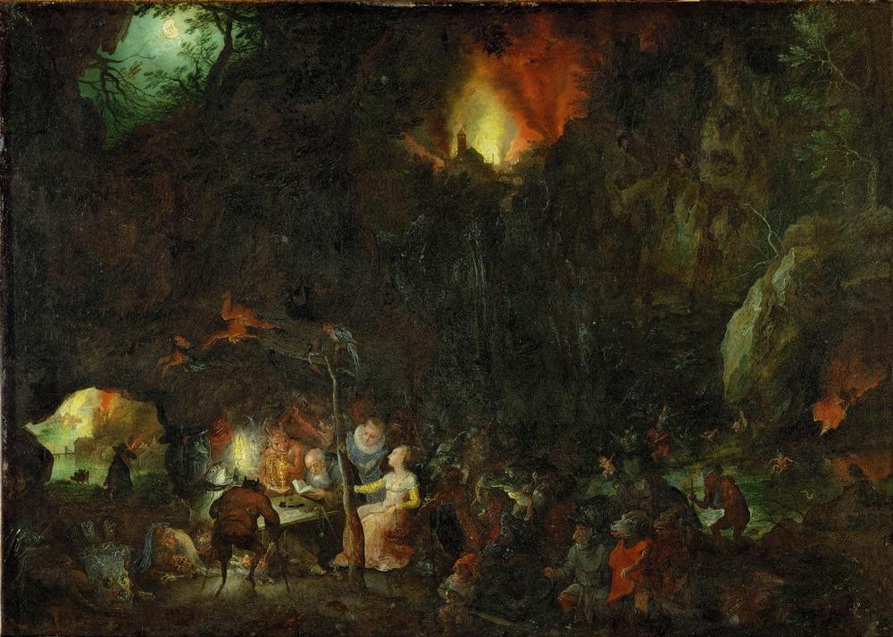 Jan Brueghel der Ältere, Die Versuchung des heiligen Antonius (Heilige, Versuchung, Religon,   Teufel, Dämonen, Eremit, Heiligenlegende, Abt, Landschaft, Neues Testament, Barock, Wunschgröße, Klassiker,  Samtbrueghel, Wohnzimmer)