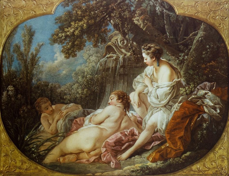 Francois Boucher, Der Sommer (Bad Im Freien,Freikörperkultur,Frau,Jahreszeiten,Landschaft,Sommer,Brunnen,Akt,Rokoko,Po (Gesäss),Sonnenbad,Französische Kunst,Entkleiden,Vier Jahreszeiten,Frauenleben,Naturverbundenheit,Heiterkeit)