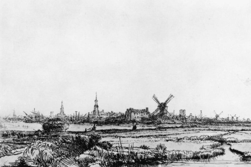 Rembrandt Harmenszoon van Rijn, Alt Amsterdam (von Norden gesehen) (Geographie,Windmühle,Niederländische Kunst,Topographie)