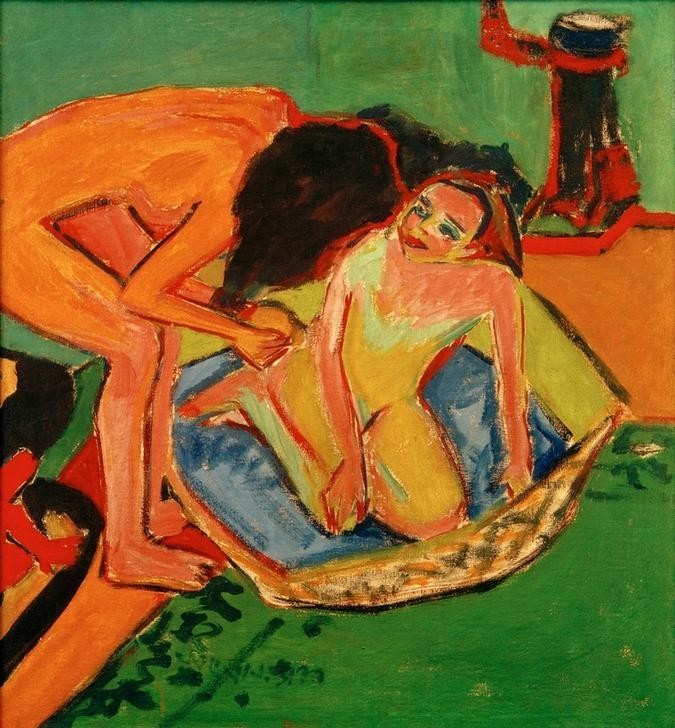 Ernst Ludwig Kirchner, Zwei Akte mit Badewanne und Ofen (Körperpflege,Bad,Deutsche Kunst,Frau,Kunst,Wannenbad,Waschen,Akt,Expressionismus,Ofen (Heizung),Die Brücke,Frauenleben,Badewanne)