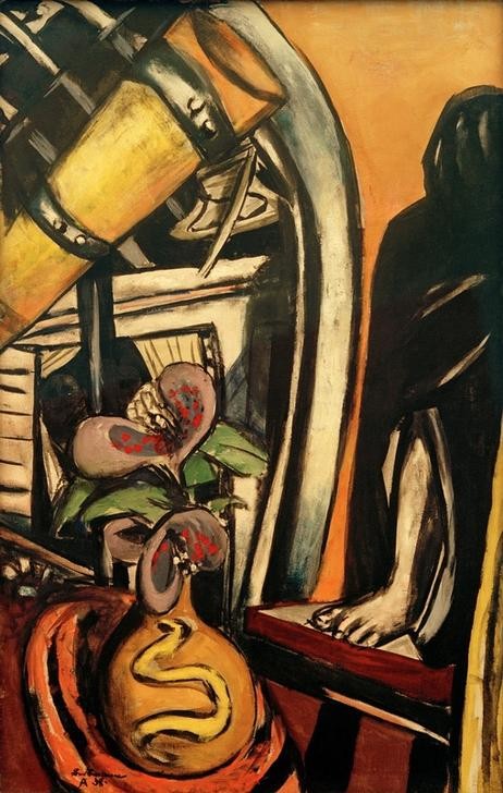 Max Beckmann, Atelier (Nacht). Stilleben mit Fernrohr und verhüllter Figu (Stillleben, Expressionismus, Klassische Moderne, Malerei, Wohnzimmer, Esszimmer, Treppenhaus, Wunschgröße, bunt)