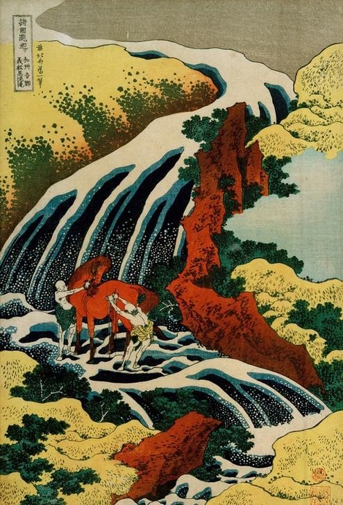 Katsushika Hokusai, Yoshino-Wasserfall (Kunst,Landschaft,Pferd (Tier),Völkerkunde,Wasserfall,Japanische Kunst,Reiter,Land Und Leute)