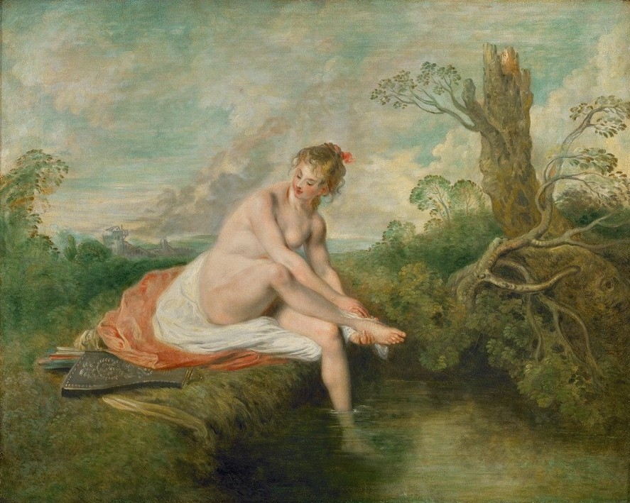 Jean-Antoine Watteau, Diane au bain (Bad im Freien, Bad, Bach, Landschaft,Göttin der Jagd,  Mythologie, Aktmalerei, Rokoko, Wohnzimmer, Schlafzimmer, Klassiker,  Wunschgröße)
