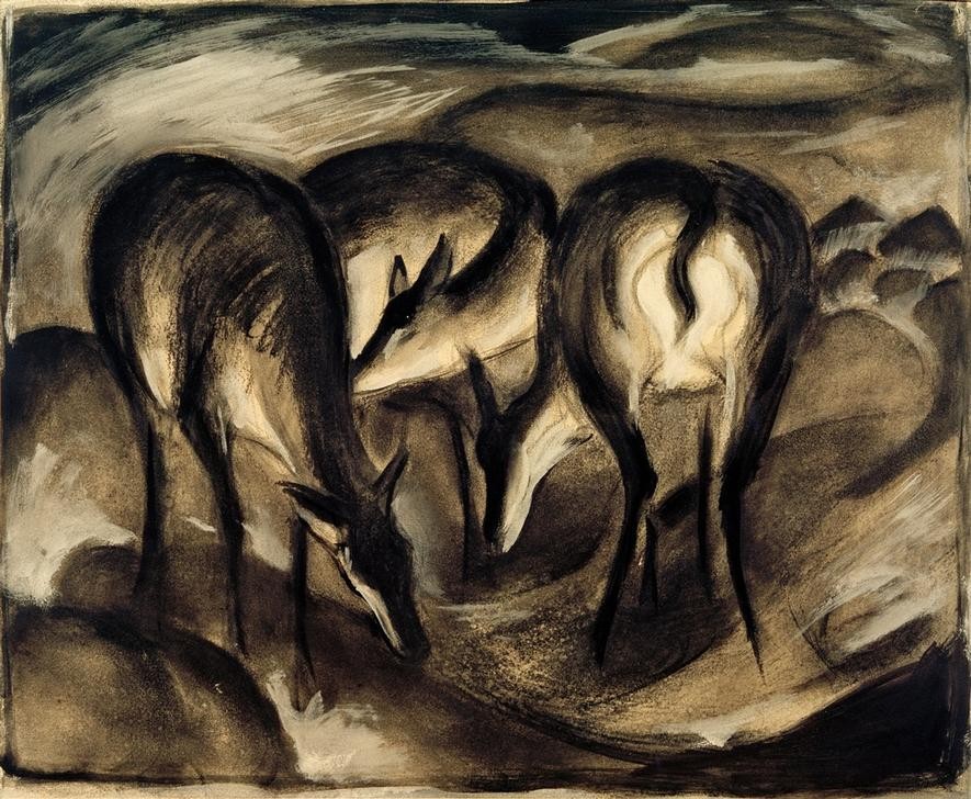 Franz Marc, Rehe an der Quelle (Drei Rehe) (Deutsche Kunst,Zoologie,Trinken,Quelle,Expressionismus,Der Blaue Reiter,Reh,Tierleben,Tier,Wild)