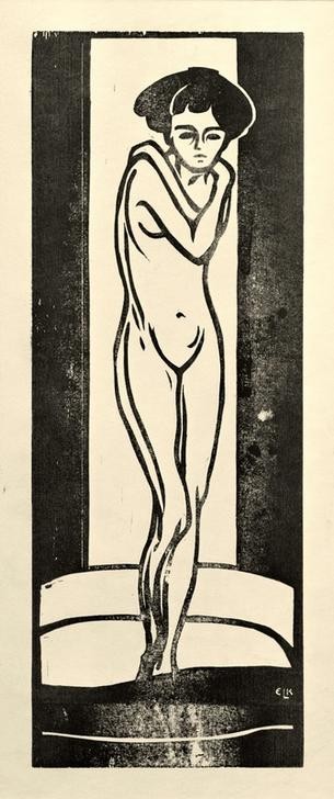 Ernst Ludwig Kirchner, Stehender Mädchenakt mit verschränkten Armen (Deutsche Kunst,Frau,Kunst,Mädchen,Akt,Expressionismus,Die Brücke,Scham,Junge Frau,Ganzfigurig,Verschränkte Arme)