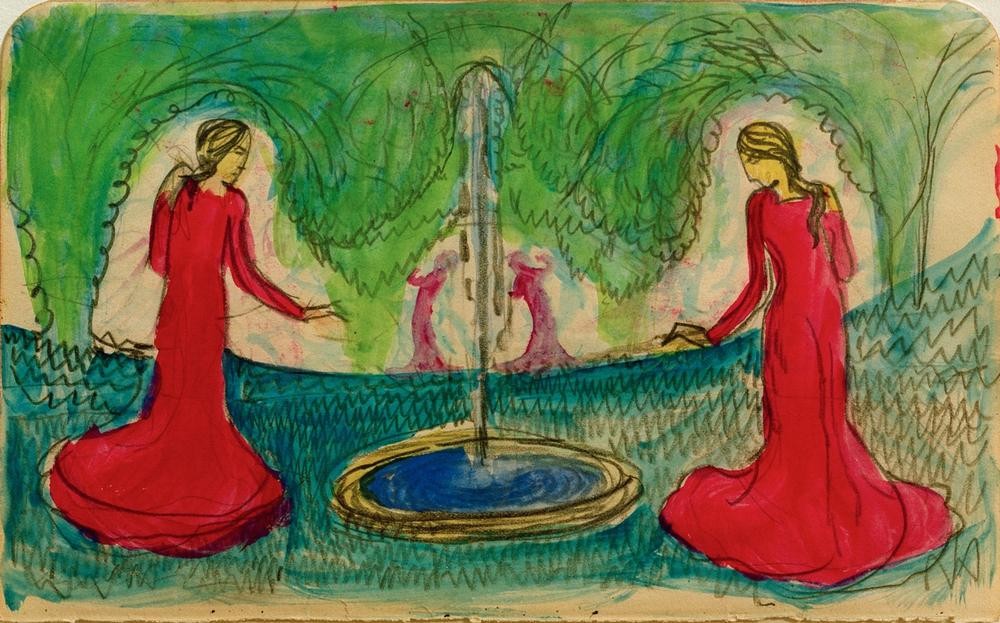 August Macke, Reigen am Brunnen (Deutsche Kunst,Frau,Garten Und Park,Menschen Im Park,Musik,Reigen (Tanz),Tänzerin,Tanz,Brunnen,Expressionismus,Der Blaue Reiter,Menschen Im Garten,Frauenleben,Garten)