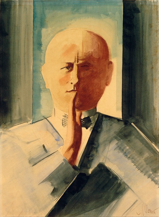 Oskar Schlemmer, Selbstbildnis mit erhobener Hand (Bauhaus,Bildhauer,Deutsche Kunst,Künstler,Kunst,Maler (Künstler),Mann,Selbstbildnis,Bühnenbildner,Glatze,Hand,Portrait,Brustbild,Person)