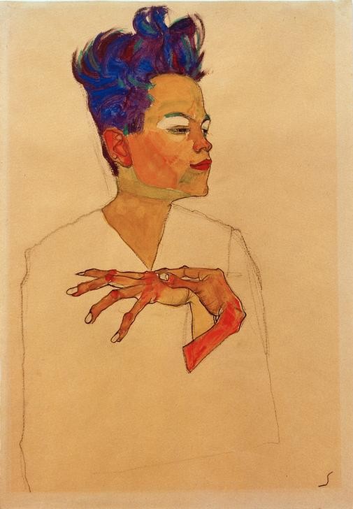 Egon Schiele, Selbstporträt mit an die Brust gelegten Händen (Künstler,Kunst,Maler (Künstler),Mann,Zeichner,Selbstbildnis,Hand,Portrait,Expressionismus,Österreichische Kunst,Person,Junger Mann)