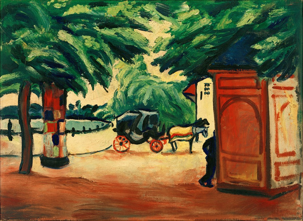 August Macke, Pferdedroschke an einem Parksee (Deutsche Kunst,Droschke,Garten Und Park,Kunst,Landschaft,Litfassäule,Park,Pferd (Tier),See,Expressionismus,Der Blaue Reiter,Pissoir)