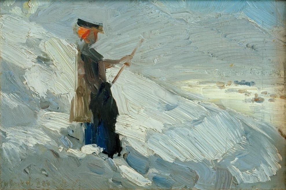 Franz Marc, Stehende Frau in Winterlandschaft (Deutsche Kunst,Frau,Kunst,Landschaft,Mensch,Spaziergang,Winter,Schnee,Portrait,Stock,Jahrhundertwende,Berg,Privatsammlung)