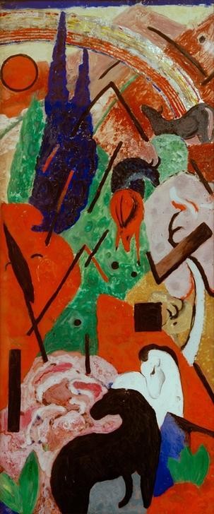 Franz Marc, Landschaft mit Tieren und Regenbogen (Deutsche Kunst,Gebirge,Kunst,Landschaft,Pferd (Tier),Zoologie,Regenbogen,Expressionismus,Der Blaue Reiter,Tier,Abstraktion,Naturschauspiel,Privatsammlung)