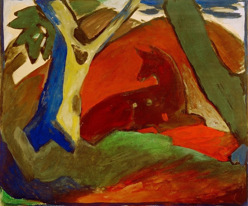 Franz Marc, Kauerndes Reh (Deutsche Kunst,Kunst,Landschaft,Zoologie,Expressionismus,Der Blaue Reiter,Reh,Rotwild,Tier,Wild)