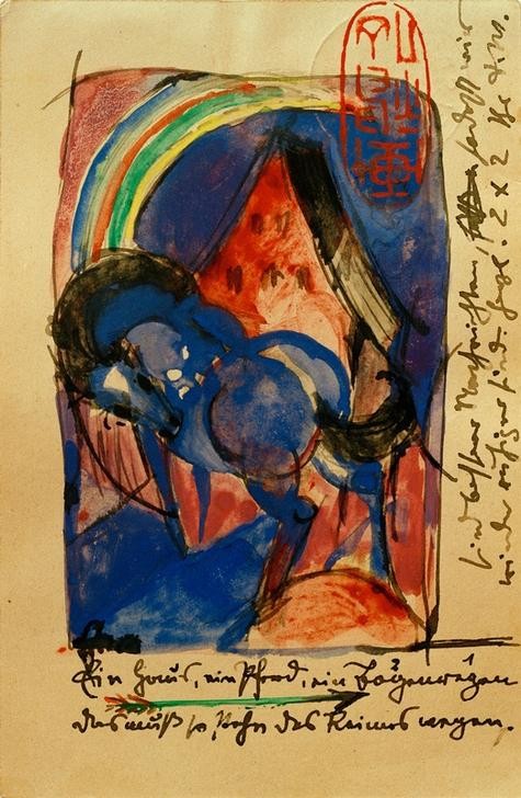 Franz Marc, Pferd und Haus mit Regenbogen (Deutsche Kunst,Haus,Kunst,Pferd (Tier),Postkarte,Zoologie,Regenbogen,Expressionismus,Der Blaue Reiter,Gedicht,Stempel,Tier,Blau,Naturschauspiel,Privatsammlung,Schrift)