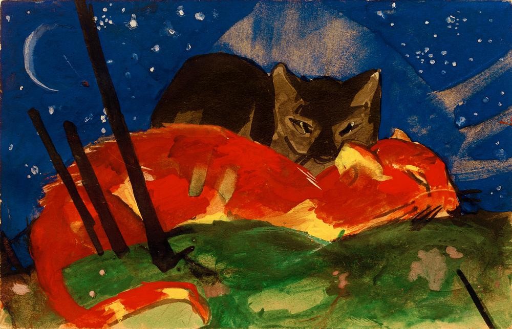 Franz Marc, Zwei Katzen (Deutsche Kunst,Katze (Tier),Kunst,Postkarte,Zoologie,Expressionismus,Der Blaue Reiter,Haustier,Tierleben,Tier)