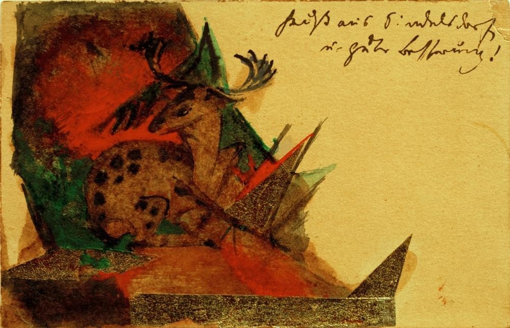Franz Marc, Liegender Hirsch (Deutsche Kunst,Hirsch,Postkarte,Zoologie,Autograph,Expressionismus,Der Blaue Reiter,Tier,Privatsammlung,Schrift)