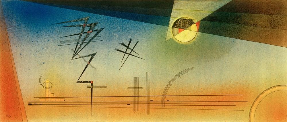 Wassily Kandinsky, Zickzack in die Höhe (Bauhaus,Geometrie,Kunst,Landschaft,Expressionismus,Geometrisch,Der Blaue Reiter,Abstrakte Kunst,Russische Kunst,Kreis,Abstraktion,Neue Kuenstlervereinigung Muenchen,Viereck,Rechteck,Halbkreis,Form,Zickzack,Farbigkeit,Signatur,Farbe)