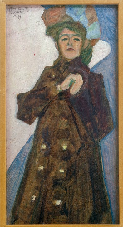 Egon Schiele, Porträt der Schwester des Künstlers, Gerti, in schwarzem Ma (Damenhut,Damenmode,Frau,Mantel,Mensch,Schwester,Portrait,Österreichische Kunst,Junge Frau,Schwarz,Schwester Von Berühmten)