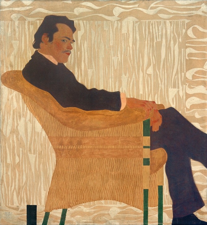 Egon Schiele, Porträt des Malers Hans Massmann (Jugendstil,Künstler,Kunst,Maler (Künstler),Mann,Sezession,Sitzmöbel,Portrait,Wiener Sezession,Österreichische Kunst,Sessel,Profil,Sitzen,Ganzfigurig,Person,Korbsessel)