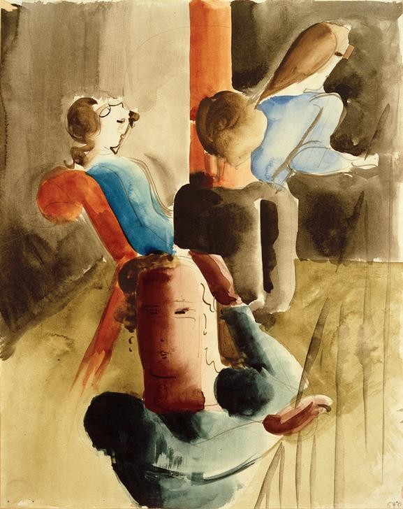 Oskar Schlemmer, Vierergruppe mit Sitzender (Bauhaus,Deutsche Kunst,Gruppenbild,Kunst,Sitzen)