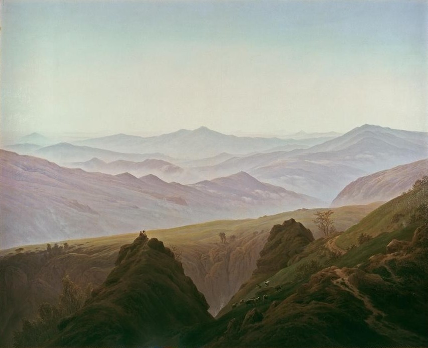 Caspar David Friedrich, Der Morgen im Gebirge (Deutsche Kunst,Gebirge,Landschaft,Tageszeiten,Morgen,Hirte,Ziege,Schaf,Paar,Harmonie,Romantik,Hirtin,Viehzucht)