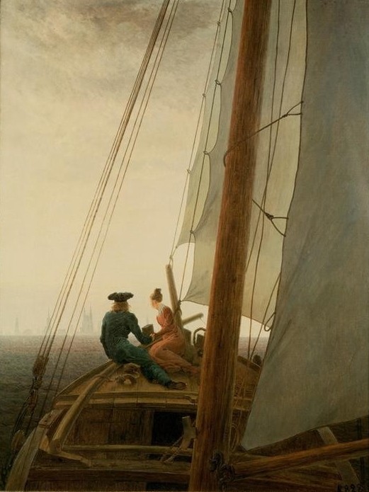 Caspar David Friedrich, Auf dem Segler (Deutsche Kunst,Ehepaar,Kunst,Liebe,Liebe Und Ehe,Liebespaar,Mensch,Freizeit,Schiff,Seereise,Segeln,Segelschiff,Meer,Segelboot,Allegorie,Reise,Schicksal,Rückenfigur,Stadtansicht,Paar,Lebensschiff,Harmonie,Ansicht,Betrachten,Schiffsreise,Romantik,Entspannun)