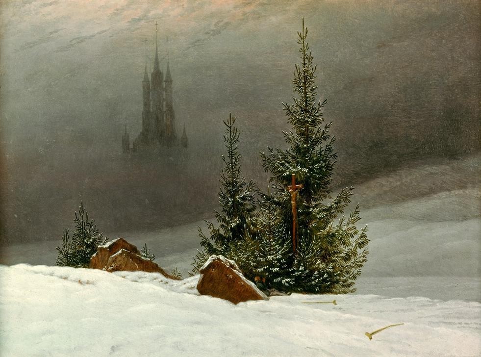 Caspar David Friedrich, Winterlandschaft mit Kirche (Deutsche Kunst,Kirche,Landschaft,Tanne,Winter,Schnee,Kruzifix,Nebel,Romantik)