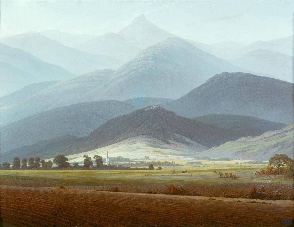 Caspar David Friedrich, Riesengebirgslandschaft (Deutsche Kunst,Gebirge,Landschaft,Acker,Kirchturm,Romantik,Landwirtschaft)