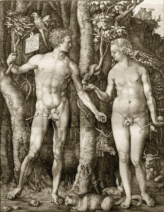 Albrecht Dürer, Adam und Eva (Apfel,Deutsche Kunst,Frau,Hirsch,Katze (Tier),Mann,Maus,Papagei,Religion,Rind,Schlange,Renaissance,Altes Testament,Akt,Sündenfall,Bibel,Verführung,Paradies,Hase,Baum Der Erkenntnis,Feigenblatt,Genesis,Tier,Jüdisch-Christlich)
