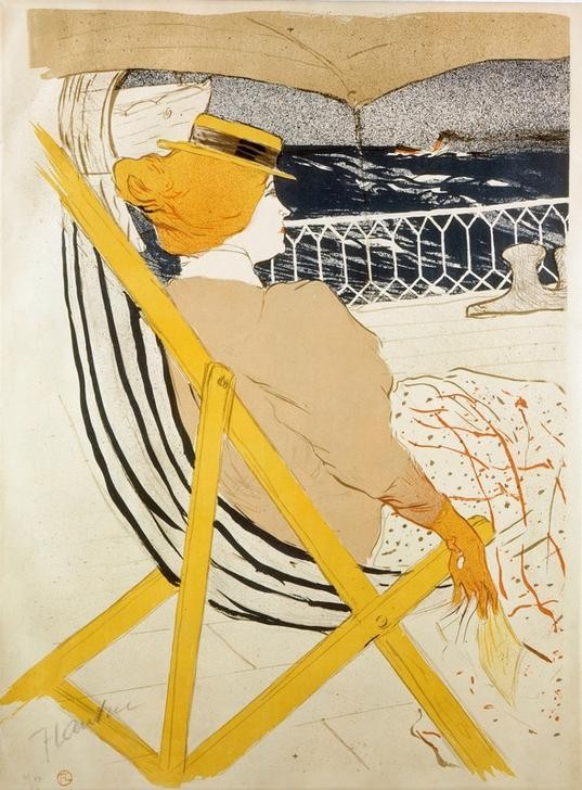 Henri de Toulouse-Lautrec, La Passagere du 54 ou Promenade en Yacht (Damenmode,Frau,Jugendstil,Kunst,Mode,Freizeit,Seereise,Hut,Strohhut,Reise,Französische Kunst,Liegestuhl,Rote Haare,Belle Epoque,Deck,Passagierdampfer,Fin De Siecle,Schiffsreise,Jahrhundertwende,Deckstuhl,Schifffahrt)