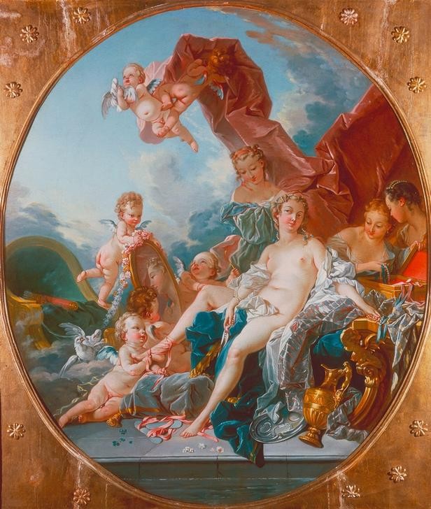 Francois Boucher, Die Toilette der Venus (Frau,Mythologie,Toilette (Körperpflege),Akt,Rokoko,Französische Kunst,Amorette,Griechisch-Römische Mythologie)