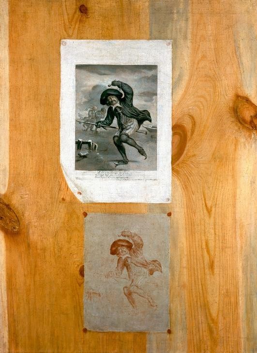 Modestin Eccardt, Trompe l’oeil  (Holzbrett, Blatt, Grafik, optische Täuschung, Illusion, Eislauf, Wintersport, Barock, Bild Im Bild, Wunschgröße, Treppenhaus, Klassiker,)