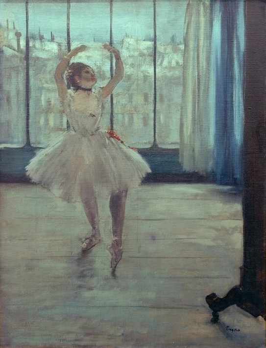 Edgar Degas, La danseuse chez le photographe (Atelier,Ballett,Frau,Jugend (Lebensalter),Tänzerin,Tanz,Impressionismus,Blick Aus Dem Fenster,Französische Kunst,Pose,Fototermin,Fotoatelier)