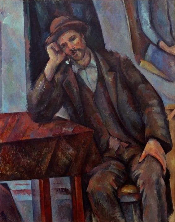 Paul Cézanne, L’homme à la pipe (Herrenmode,Mann,Mode,Tabak,Volkskunde,Impressionismus,Hut,Pfeife (Tabak),Rauchen,Tisch,Portrait,Anzug,Weste,Französische Kunst,Jackett,Gedanken,Jahrhundertwende,Entspannung,Kopf Stützen,Raucher,Land Und Leute)