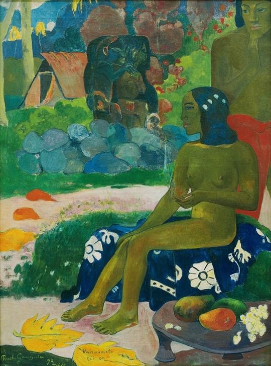 Paul Gauguin, Vairaumati tei oa (Frau,Früchte,Kunst,Landschaft,Mythologie,Religion,Tabak,Textil,Völkerkunde,Naturreligion,Schönheit,Rauchen,Naturvölker,Akt,Französische Kunst,Götter,Fruchtbarkeit,Warten,Synästhesie,Exotik,Frauenleben,Blau,Sitzen,Junge Frau,Mango,Ureinwohnerin,Polynesisch)