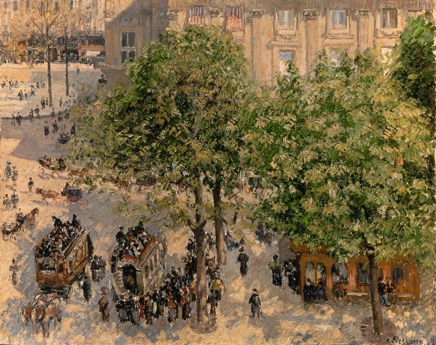 Camille Pissarro, Place du Théâtre Français (Pferdeomnibus,Pferdewagen,Strassenszene,Szene,Verkehr,Platz,Impressionismus,Grossstadt,Baum,Schule Von Barbizon,Französische Kunst,Jahrhundertwende,Strassenbaum)