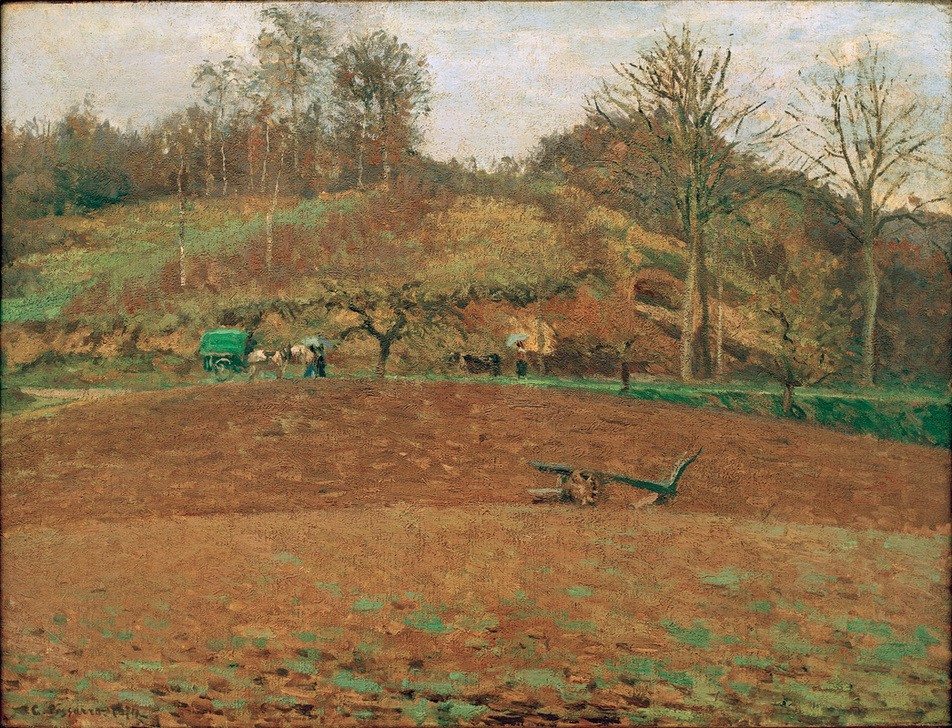 Camille Pissarro, Terre labouree (Ackerbau,Landschaft,Pflug,Impressionismus,Schule Von Barbizon,Französische Kunst,Feld,Landwirtschaft)