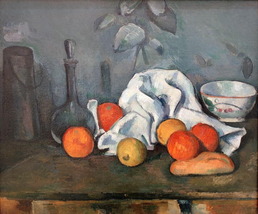 Paul Cézanne, Fruits (Essgeschirr,Früchte,Kanne,Obst,Textil,Impressionismus,Stillleben,Französische Kunst,Brötchen,Schüssel,Karaffe,Küchenstillleben)