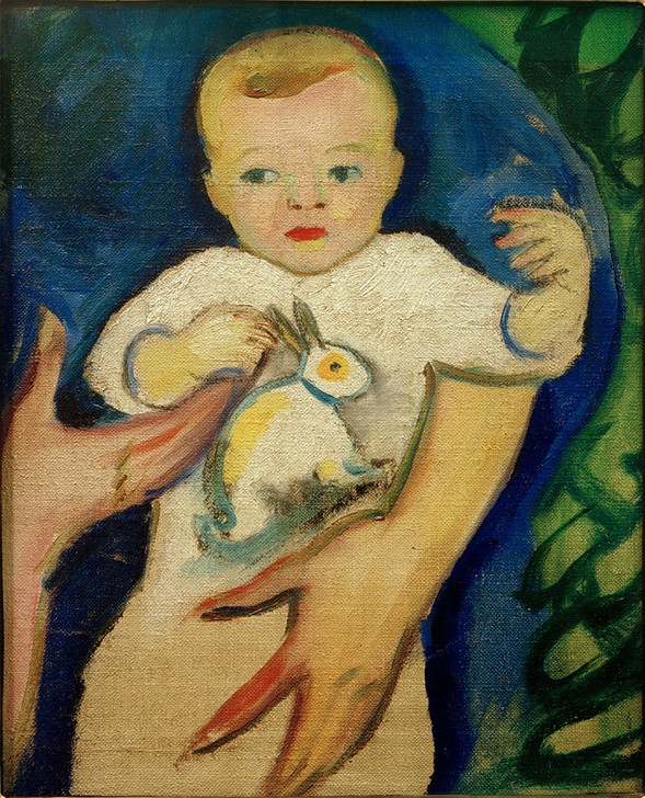August Macke, Porträt Walter Macke mit Häschen (Kinderbild In Der Kunst,Baby,Deutsche Kunst,Familie,Frau,Kind,Kunst,Mensch,Mutter Und Kind,Spielzeug,Kleinkind,Hand,Portrait,Expressionismus,Stofftier,Mutter Und Sohn,Der Blaue Reiter,Hase,Knabe,Sohn,Tier,Kind Berühmter Persönlichkeiten,Sohn Von Berühmten)