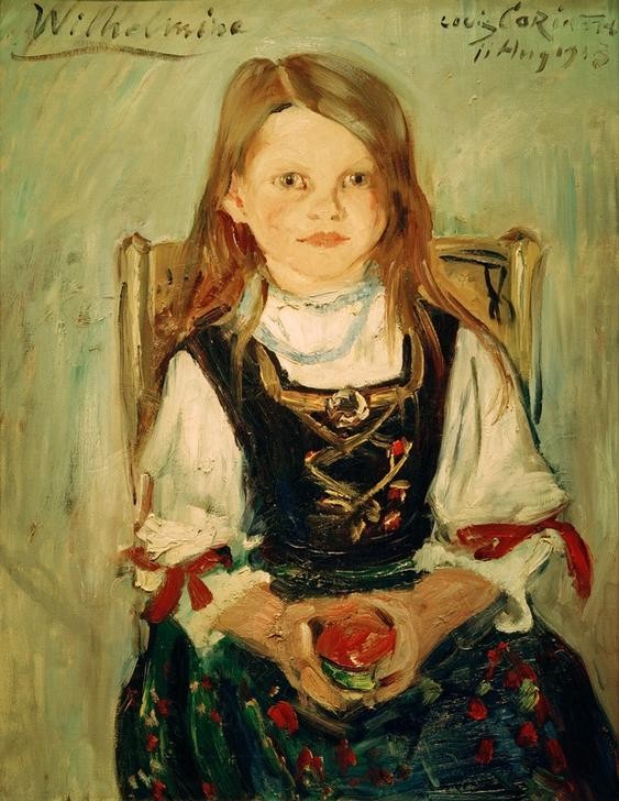 Lovis Corinth, Wilhelmine im Trachtenkleid (Deutsche Kunst,Kindermode,Kind,Mädchen,Mode,Tracht,Impressionismus,Portrait,Tochter,Kleid,Sitzen,Trachtenmode,Tochter Von Berühmten,Kniestück,Person)