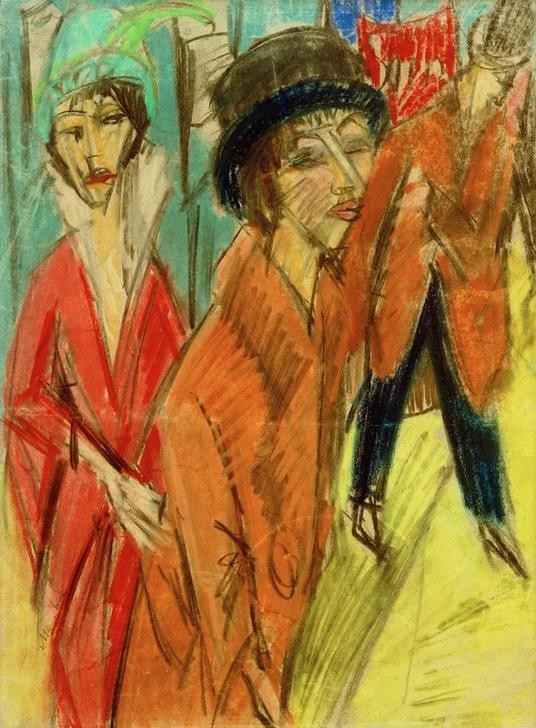 Ernst Ludwig Kirchner, Frauen auf der Straße (Deutsche Kunst,Kunst,Strassenszene,Verkehr,Grossstadt,Expressionismus,Die Brücke,Fussgänger,Passant,Passantin,Fussgängerin)