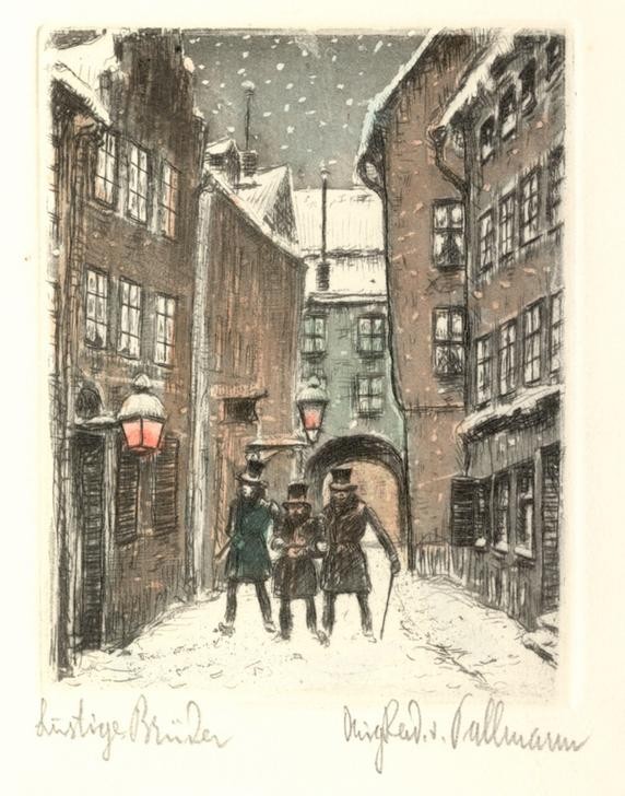 Kurt Pallmann, Lustige Brüder (ALTSTADT, DEUTSCHE KUNST, GEOGRAPHIE, JAHRESZEITEN, SPAZIERGANG, TOR, WINTER, TAGESZEITEN, ABEND, SCHNEE, BETRUNKEN, HEIMKEHR, GASSE, SCHNEEFLOCKEN, TORHAUS, TORBOGEN, TOPOGRAPHIE, BEZIRKE)