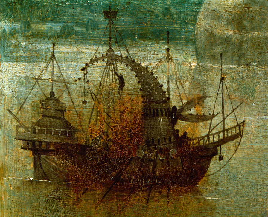 Hieronymus Bosch, Zwei Sklavenhändler (Architektur,Seefahrer,Handel,Kirche,Klettern,Religion,Rudern,Schiff,Seeräuber,Segelschiff,Sklaverei,Altar,Meer,Gotik,Reise,Sklavenhandel,Seeungeheuer,Phantastische Kunst,Niederländische Kunst,Seemann,Takelung,Gebiss,Altar Der Heiligen Julia,Seehandel,Skla)