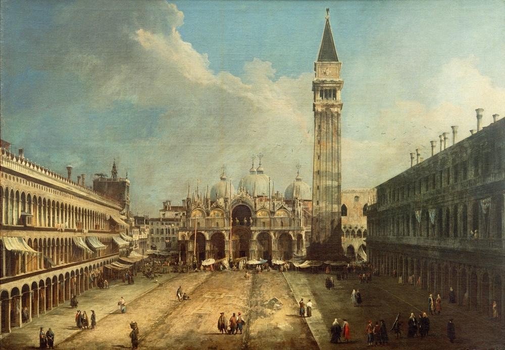 Giovanni Antonio Canaletto, Piazza San Marco (Architektur, Wunschgröße, Malerei, Venedig, Vedute, Stadtansicht, Städte, Platz, Campanile, Wahrzeichen, Kirche,  Prokuratien, Italien, Klassiker, Wohnzimmer, bunt)