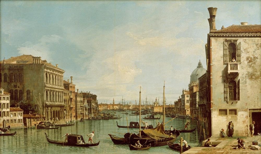 Giovanni Antonio Canaletto, Il Canal Grande dal Campo San Vio, verso il Bacino di SanMa (Architektur, Wunschgröße, Malerei, Venedig, Vedute, Stadtansicht, Städte, Kanal, Rio, Gondeln, Boote, Alltag, Italien, Klassiker, Wohnzimmer, bunt)