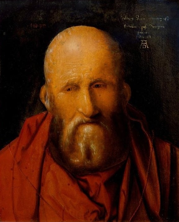 Albrecht Dürer, Der Heilige Hieronymus (Christentum,Deutsche Kunst,Heilige,Kunst,Mann,Religion,Bart,Renaissance,Glatze,Portrait,Kirchenvater,Kopf,Alter Mann,Monogramm,Graues Haar)