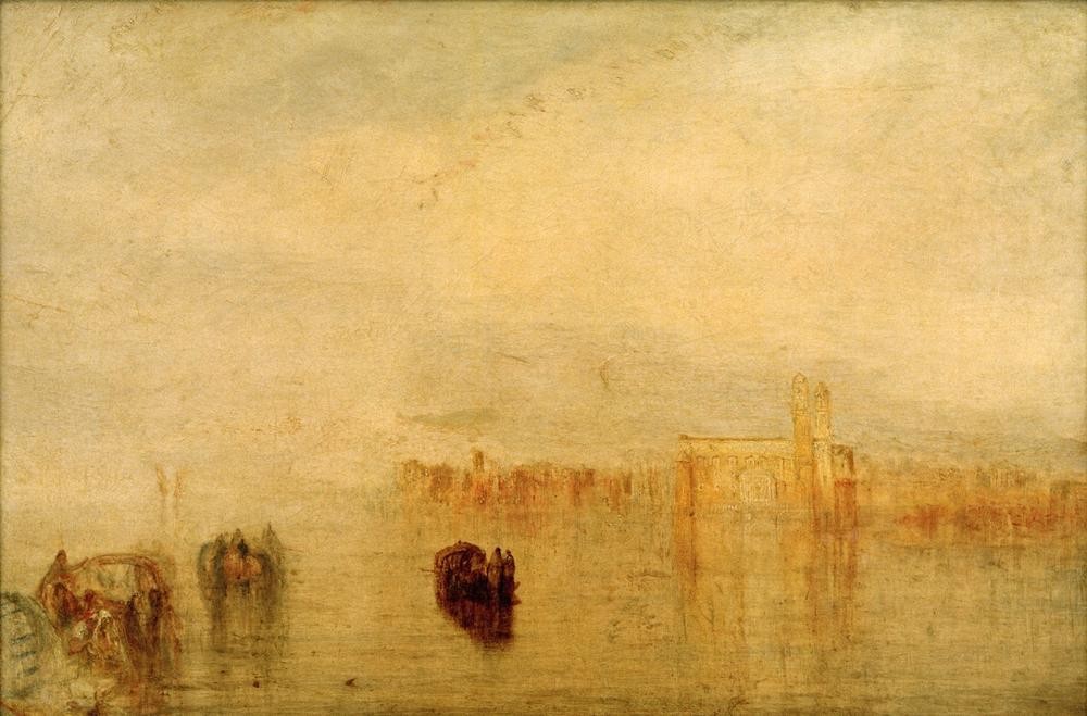 JOSEPH MALLORD WILLIAM TURNER, Returning from the Ball (St. Martha) (Ball (Gesellschaft),Architektur,Boot,Feste,Geographie,Kirche,Kunst,Landschaft,Sonnenuntergang,Stadt,Tageszeiten,Gondel,Abend,Vedute,Lagune,Stadtansicht,Architekturdarstellung,Englische Kunst,Binnenschiffahrt,Ansicht,Rückkehr,Romantik,Topographie,Sakralbau)